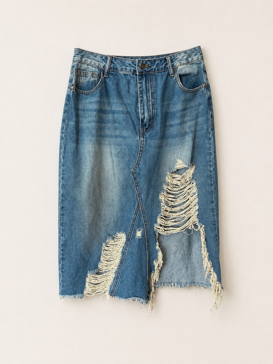 Fashion Nova Dresses & Skirts - Fashion Nova  Distressed  Blue Denim MIDI Skirt- Women’s Medium